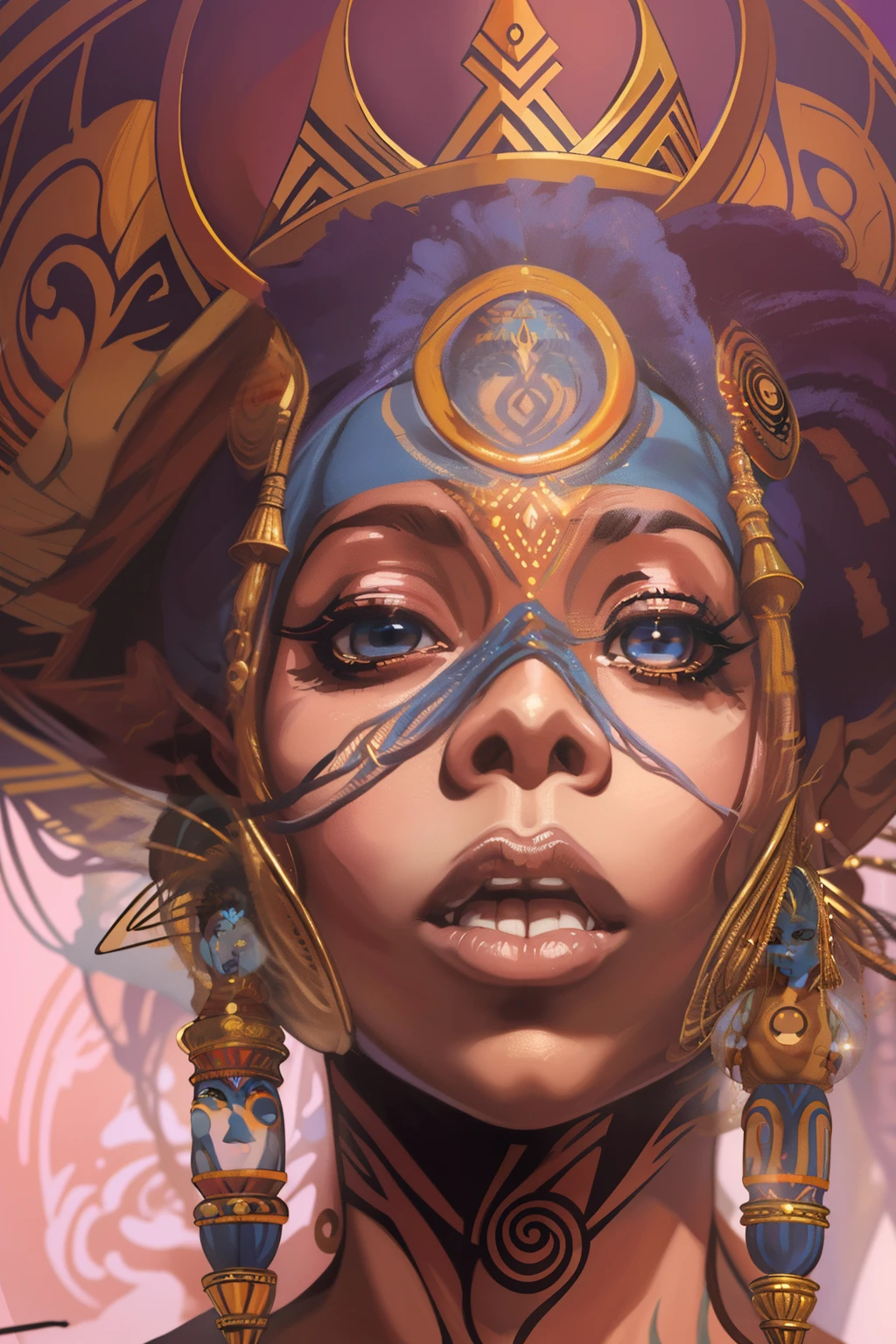 ((masterpiece)), caricature of ((((Erykah Badu-)))), as powerful and beautiful, Deva stands out with a unique blend of strength and grace. Her imposing stature is harmoniously balanced by feminine curves that add a touch of sensuality to her warrior-like appearance, captivating onlookers with her majestic presence. Her face, reveals a wild beauty. Her features are both fierce and delicate, piercing eyes that retain a gleam of determination while also expressing profound wisdom. Full voluptuous lips, her jaw exudes an aura of bold femininity, incense and candles background