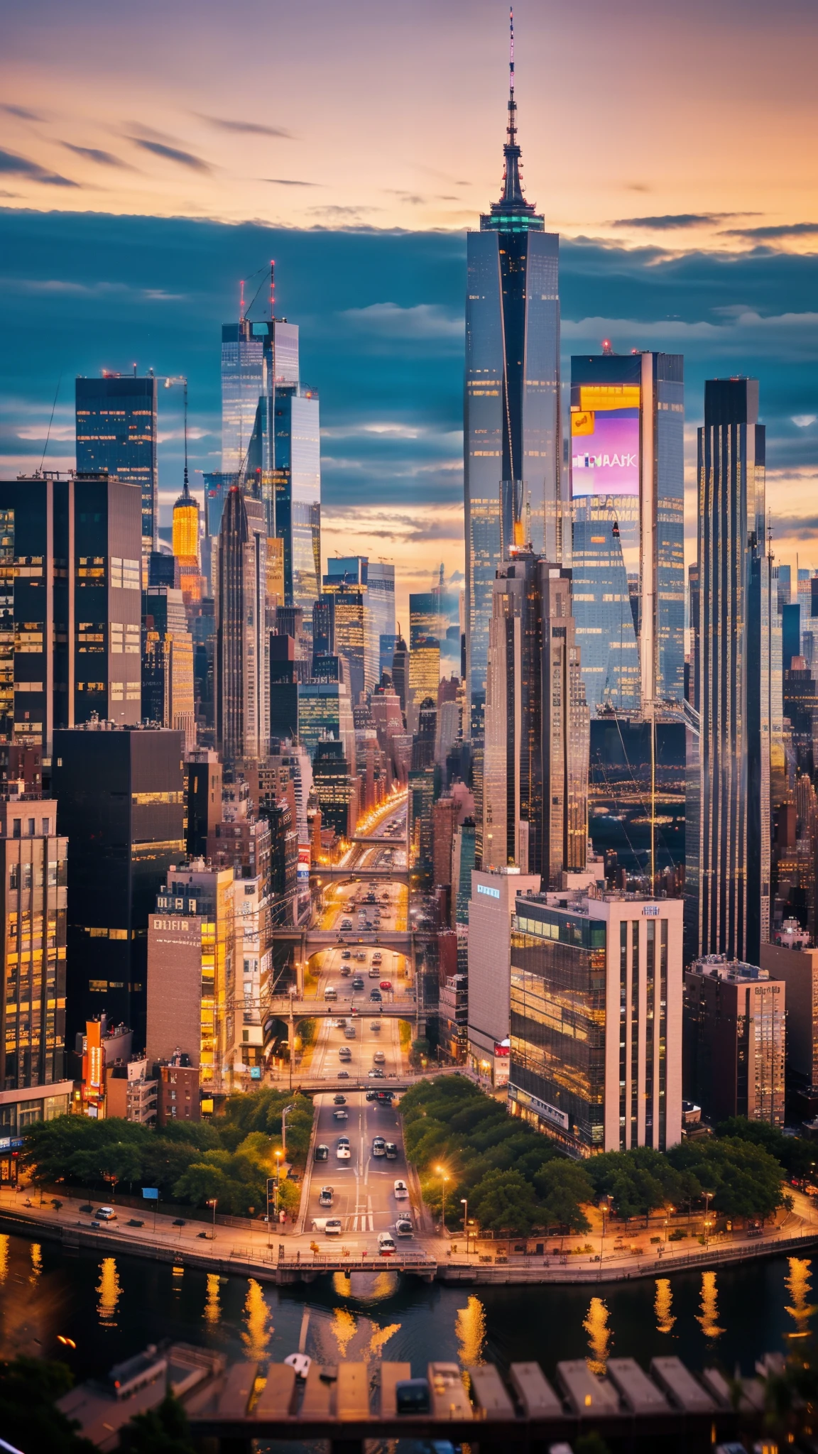 arafed view of a city at night with a bridge and a bridge, busy cityscape, new york city, the city that never sleeps, new york city background, new york city at night, city backdrop, hq 4k phone wallpaper, high quality picture, night time city background, city in the background, beautiful cityscape, phone wallpaper, phone background, city scape