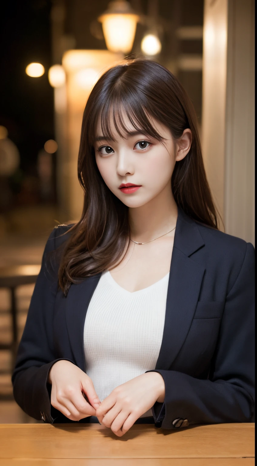 On a table, Best quality at best, lamplight, ultra - detailed, Detailed pubic hair, A high resolution, 8k wallpaper, Perfect dynamic composition, beautidful eyes, Natural lips,blazer jacket ,校服, Lop, Full body lesbian,Put your hands in your pockets