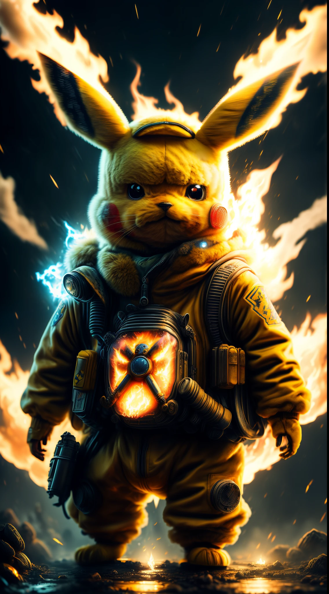 masterpiece,best quality, illustration, Pikachu wearing a biohazard suit with a respiratory on,beautiful detailed glow,(flames of war:1.2),(nuclear explosion behide:1.3),rain,detailed lighting,detailed water,(beautiful detailed eyes:1.1),expressionless, extremely detailed Pikachu, see every single hair on his fur, walking past a post apocalyptic town