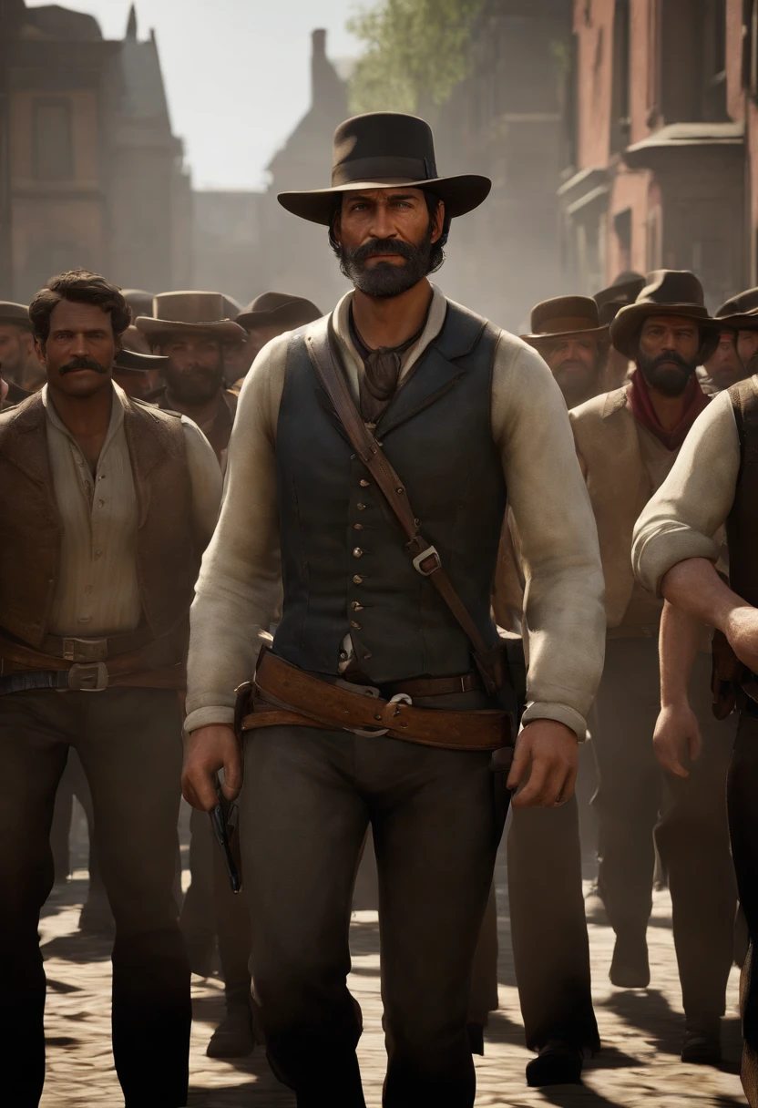 A picture of Dutch leading a group of rebels in a protest march through the city streets.,Red Dead Redemption 2,Well groomed man in late forties early fifties. Oily black hair which is swept back, neatly trimmed black moustache with patch of beard on his chin. Favours a black pork pie fedora hat., male