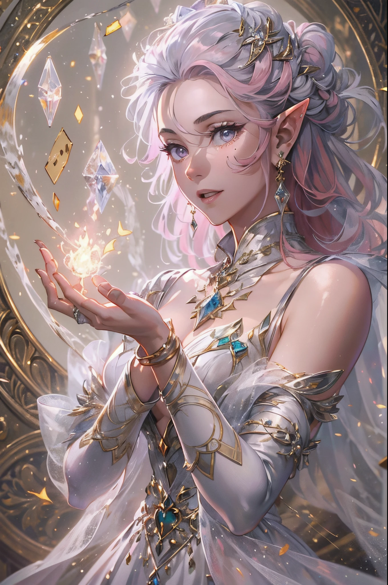 ((Shot Full Body)), The woman, A Young Face, curly hair, (pink hair:1.3), lilac eyes, sparks, hair in a bun, white spots on the face, (Elf with pointy ears), calm face, endearing smile, enchantress, magical confident pose, (White Elven Dress, Silver details, Ornaments, long sleeves, tapes:1.3). (silver bracelet on wrist). Fantasy, Ultra Detailed, 电影灯光, painting, Iconography, tarot, Full-HD, Alphonse Mouxf