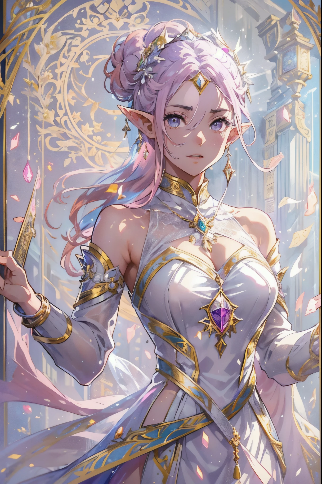((Shot Full Body)), The woman, A Young Face, curly hair, (pink hair:1.3), lilac eyes, sparks, hair in a bun, white spots on the face, (Elf with pointy ears), calm face, endearing smile, enchantress, magical confident pose, (White Elven Dress, Silver details, Ornaments, long sleeves, tapes:1.3). (silver bracelet on wrist). Fantasy, Ultra Detailed, 电影灯光, painting, Iconography, tarot, Full-HD, Alphonse Mouxf