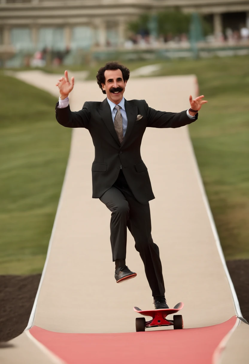 An image of Borat dressed as a professional skateboarder, performing a daring trick on a halfpipe.,original,His appearance is marked by a distinctive mustache, a suit of gray or brown, and often a bright green thong swimsuit. He exhibits a strong Kazakhstani accent, and his humor derives from his outrageous statements and actions, which often satirize society’s stereotypes and cultural norms. Despite his outlandish persona, the character is meant to challenge viewers by exposing prejudices and hypocrisies in a comedic way., male
