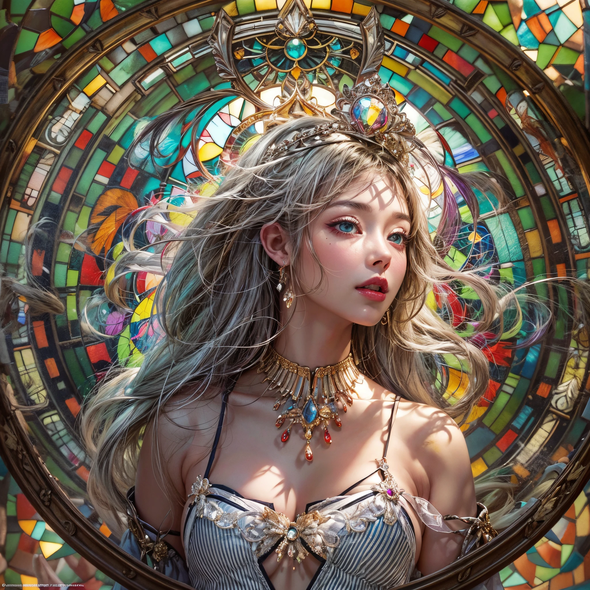 ( Masterpiece:1.25, exposed:1.2, White and vivid colors, navel),  (sexy junior idol), ((face variations)), portrayed in the best quality and high resolution. The image should be ultra-detailed, realistic, and photorealistic with a touch of rawness. back lighting, colorful Light shines through delicate stained glass. The medium can be a combination of photography and concept art. The color tone should be vibrant and vivid, enhancing the overall visual impact. Whole Body proportions and all limbs are anatomically accurate, (nipple:-0.9) .