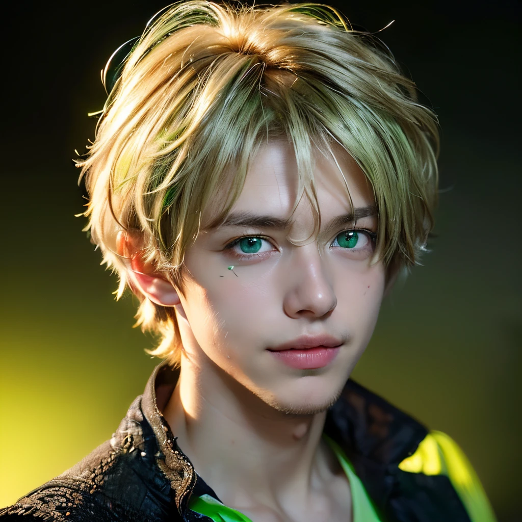 ((masterpiece)), 8k cg, best quality, intricate details, chromatic aberration, close up, ((bust shot)), ((looking at the viewer)), realism, 1boy, eren yeager, (((background(((dark background)), fog)), Caucasian, young boy, , bright face, cute, handsome face, no facial hair, big smile, closed mouth, big eyes, (((bright green eyes))), messy blonde hair, shaggy hair, soft round cheeks, soft skin