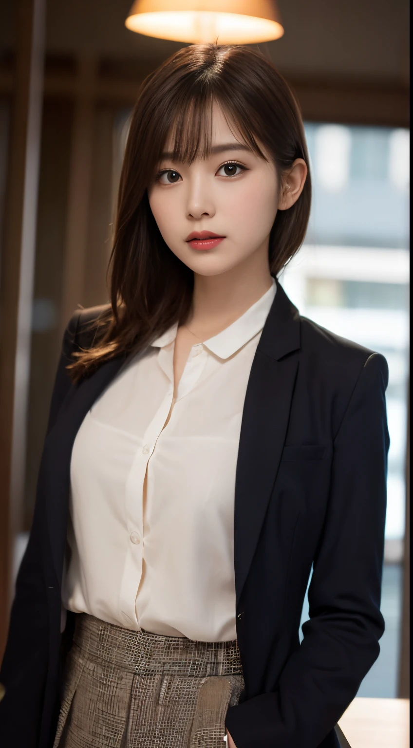 On a table, Best quality at best, lamplight, ultra - detailed, Detailed pubic hair, A high resolution, 8k wallpaper, Perfect dynamic composition, beautidful eyes, Natural lips,blazer jacket ,校服, Lop, Full body lesbian,Put your hands in your pockets