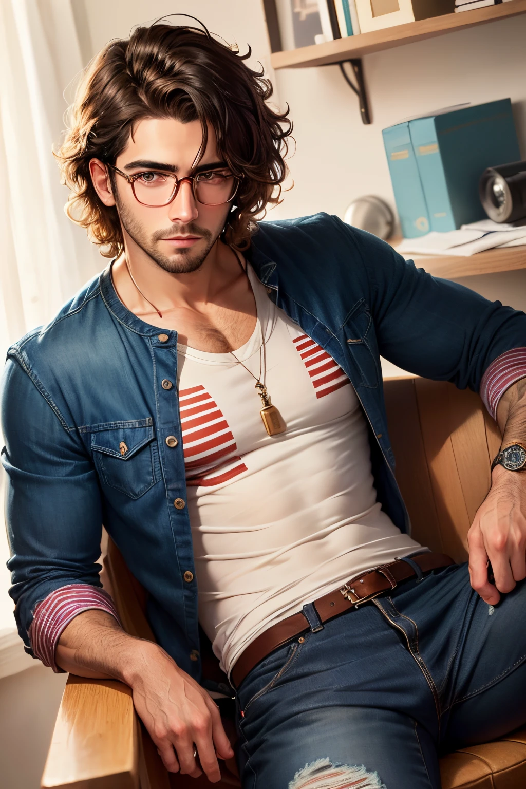 Amazing portrait of a man with short messy wavy hair, clean shaven, glasses, maroon full sleeved t shirt with navy blue vertical stripes, ripped jeans