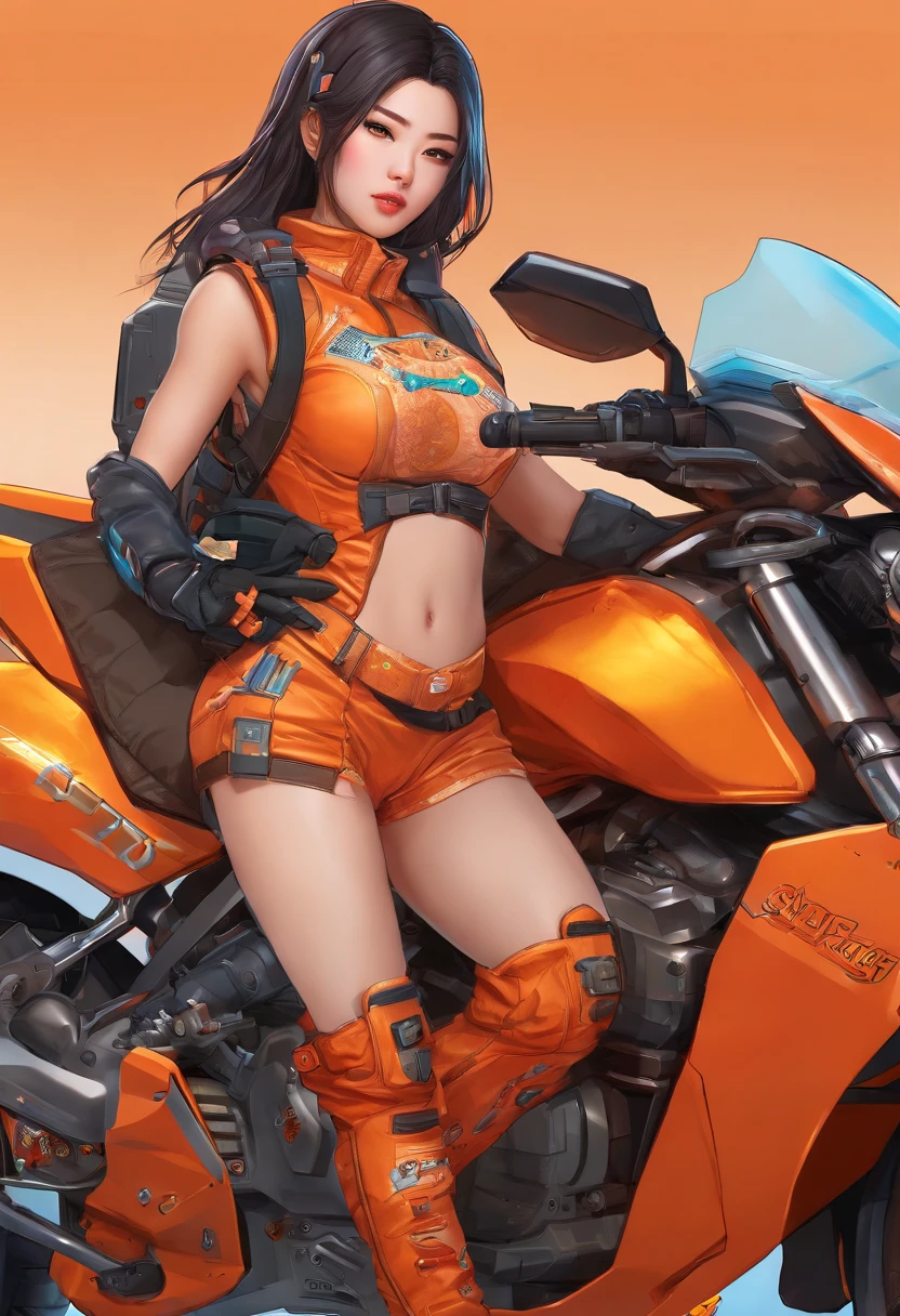 Asian beautiful sexy girl full naked, Just dressing Orange padded winter vest , on her knee repairing rocket sci-fi motorbike , masterpiece , 8k , RAW , ultra realistic , very detailed, Perfect body, Perfect beauty