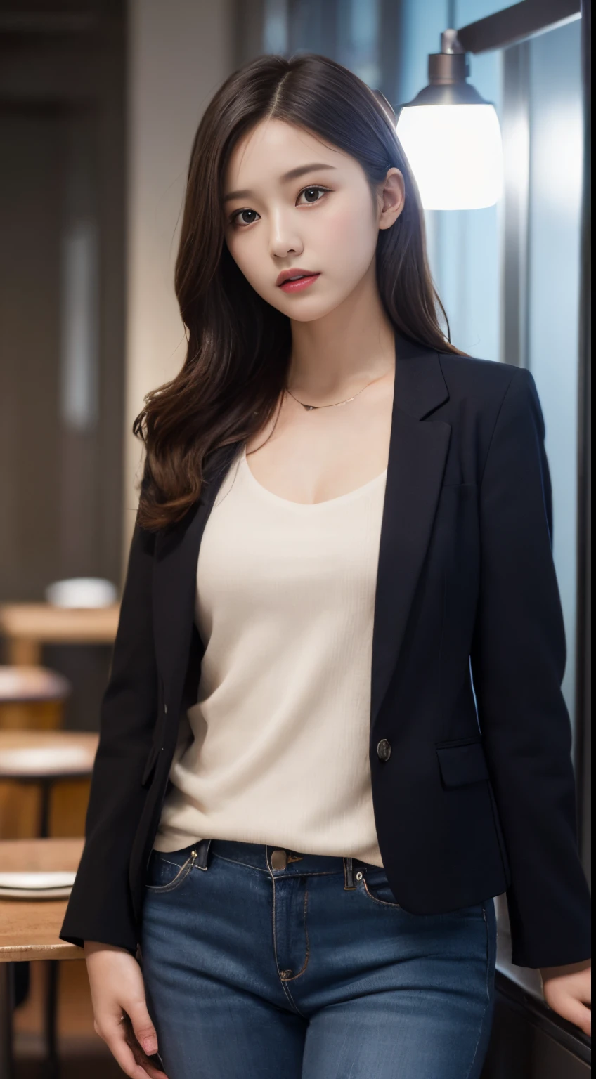 On a table, Best quality at best, lamplight, ultra - detailed, Detailed pubic hair, A high resolution, 8k wallpaper, Perfect dynamic composition, beautidful eyes,  Natural lips,blazer jacket ,校服, Lop, Full body lesbian,Put your hands in your pockets