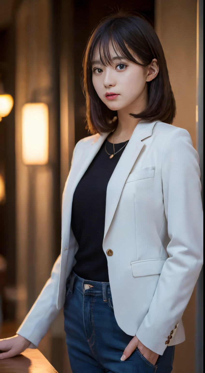 On a table, Best quality at best, lamplight, ultra - detailed, Detailed pubic hair, A high resolution, 8k wallpaper, Perfect dynamic composition, beautidful eyes, Natural lips,blazer jacket ,校服, Lop, Full body lesbian,Put your hands in your pockets
