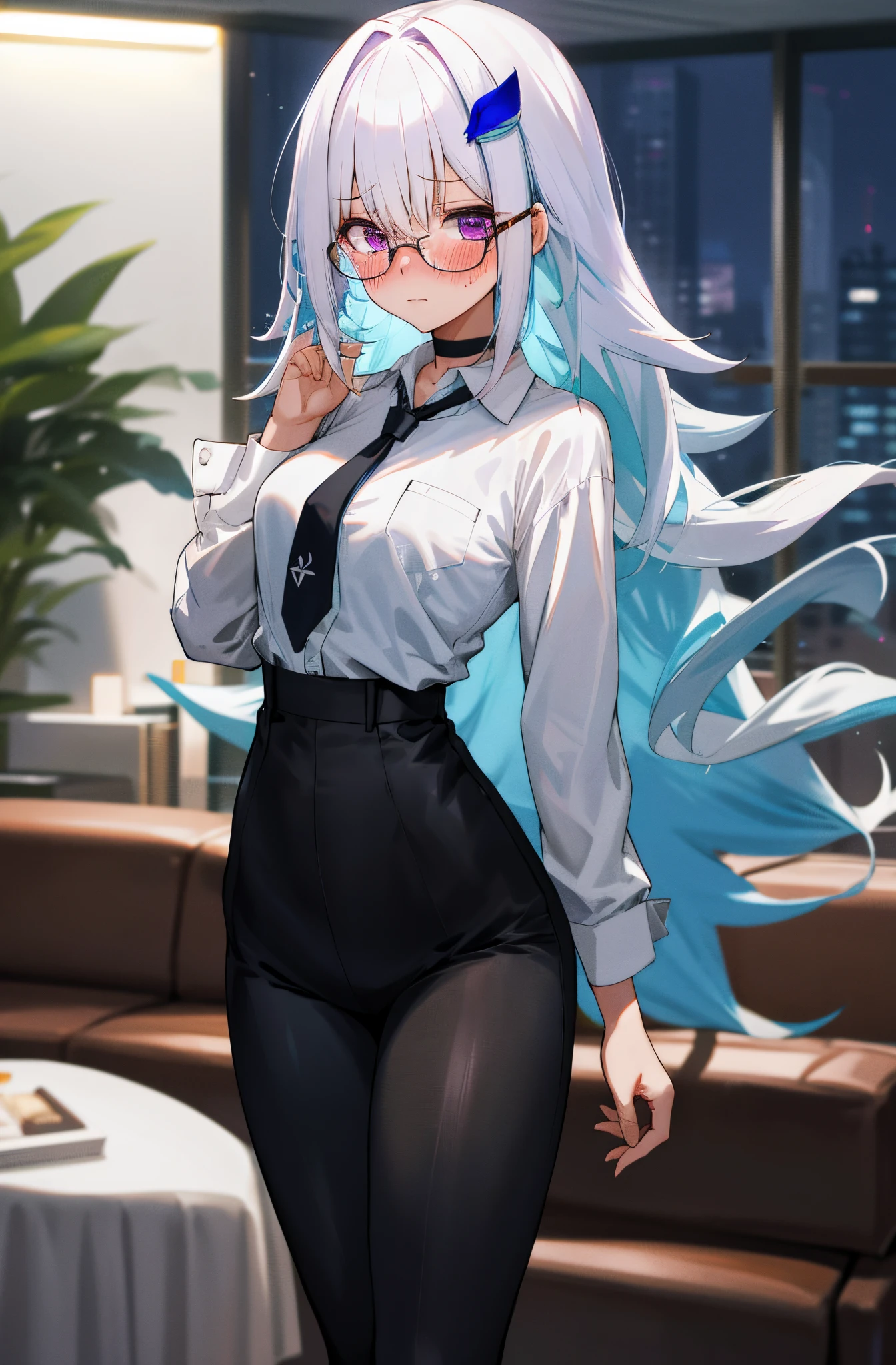One girl with long wavy hair, white hair, blue inner hair, purple eyes, looking at viewer, embarrassed, blushing, tears, indoor, living room, suit, white shirts, black necktie, tight black pants, tight, hips, office lady, thigh, slim, dizzy, choker, mid-chest, wide hips, perfect waist, spread legs, night atmosphere, hair ornament, standing, glasses, pantyhose, (embarrassed:1.0)