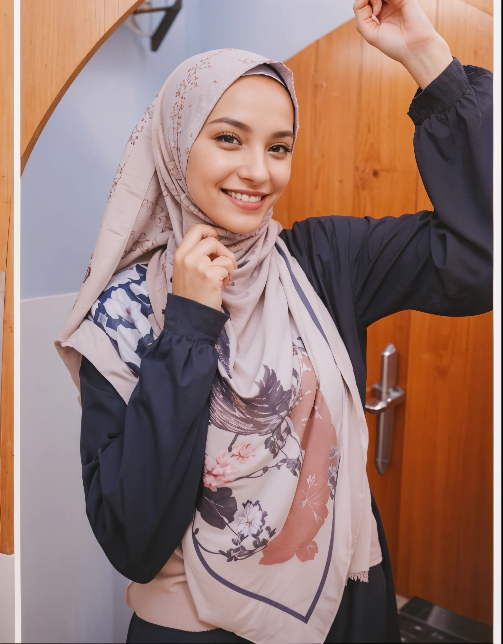 There is a woman taking a photo, smiling into camera,smiling at camera ,color picture, awoman wearing hijab