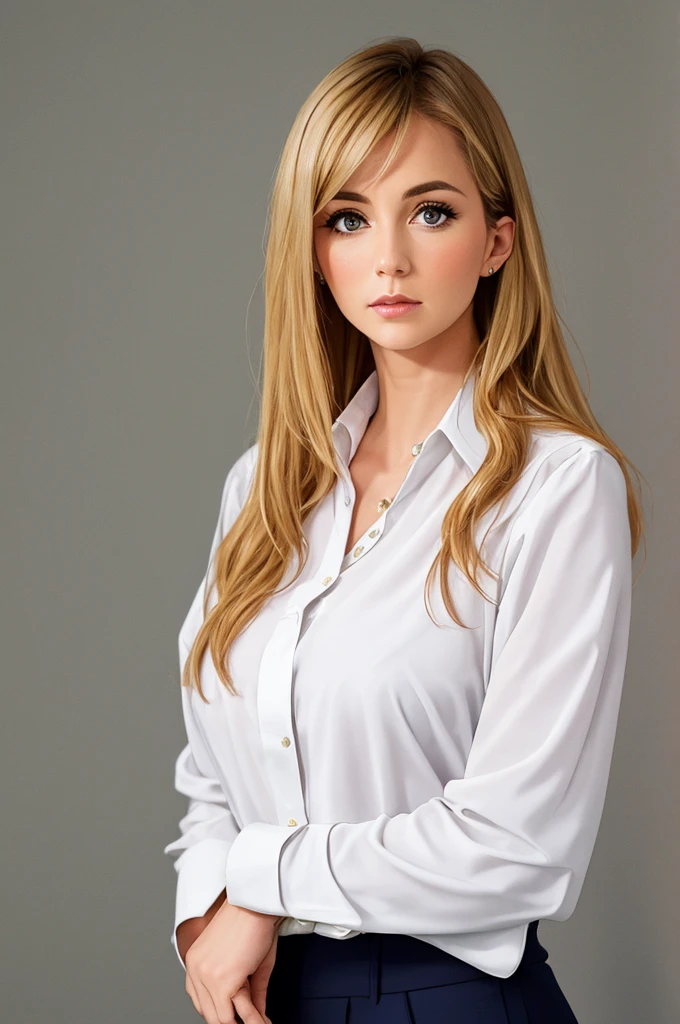 blonde woman presenter, in a white background scene with a serious face, orange blouse and standing