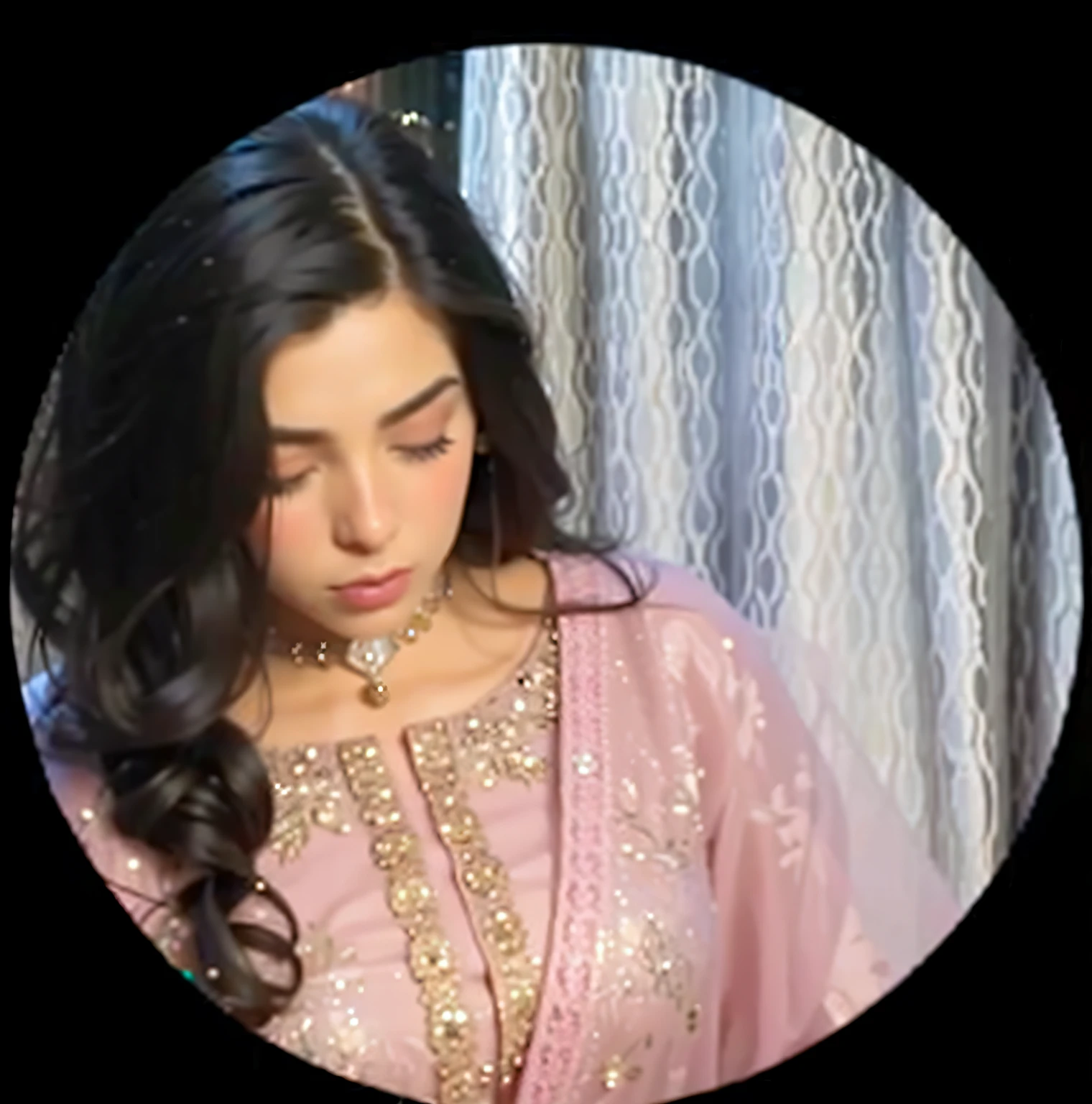 a close up of a woman in a pink dress looking down, inspired by Ambreen Butt, maya ali, maya ali mage, maya ali sorcerer, maya ali sorceress, maya ali wind sorcerer, maya ali as d&d mage, captured on canon eos r 6, by Ambreen Butt, inspired by Riza Abbasi