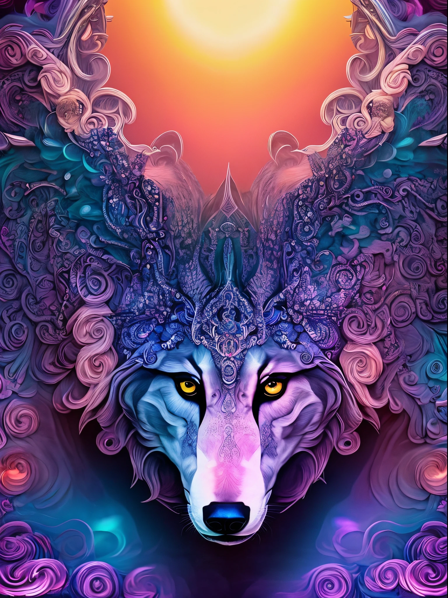 "only a big wolf Furry face in center in a psychedelic and surreal spiral world, ultra-detailed, with vibrant colors and lighting effects, creating a masterpiece with 8k and 4k resolution.wolf Furry is depicted with intricate details, merging with the surroundings seamlessly. The artwork showcases wolf Furry under the influence of LSD, where space and time lose their boundaries. The scene exudes a sense of otherworldly beauty and mystique, combining the ancient stargate Egyptian deity with a contemporary psychedelic aesthetic, creating a visually stunning and mind-altering experience. strong facial expressions"