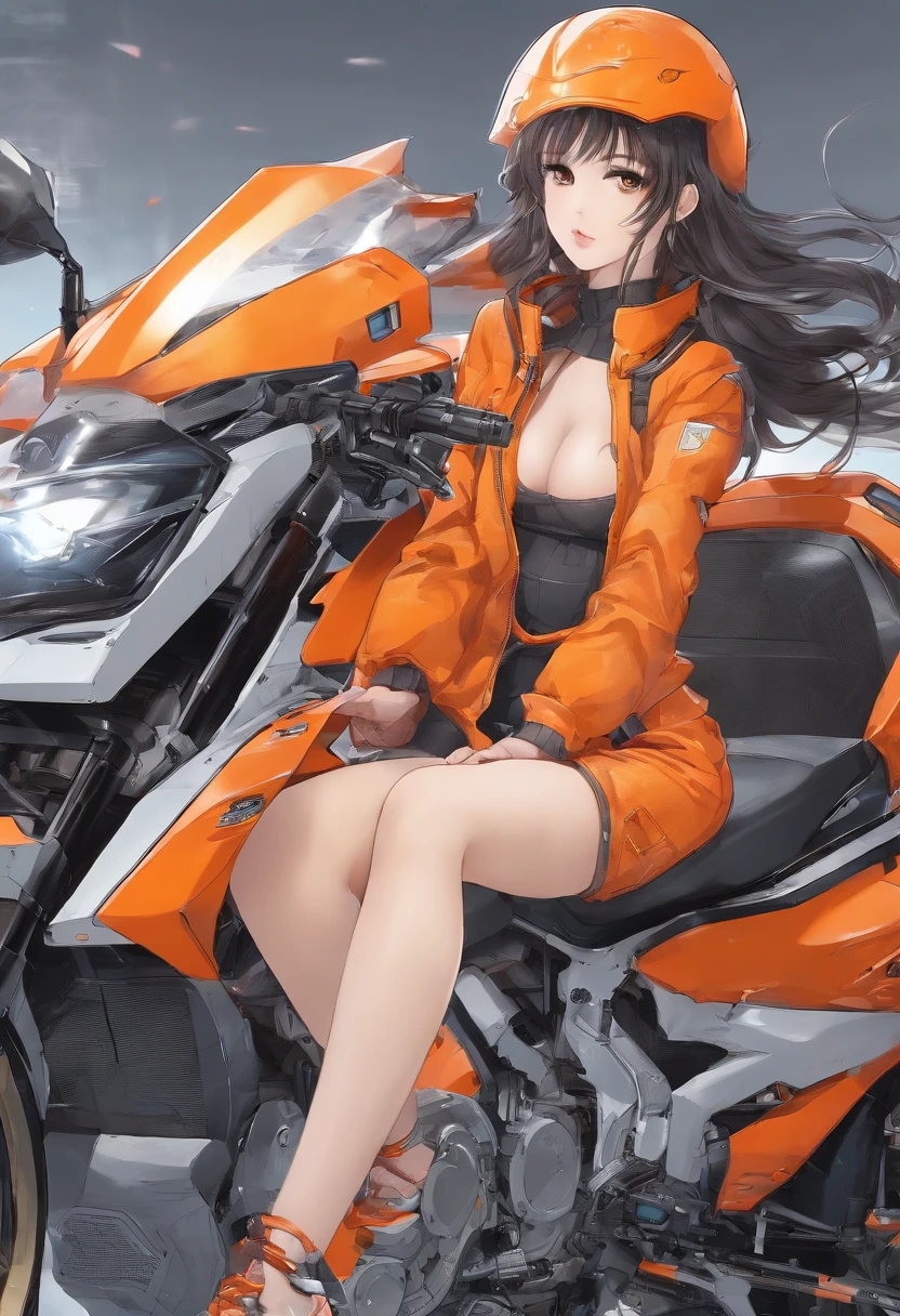 Asian beautiful sexy girl full naked, Just dressing Orange padded winter vest , on her knee repairing rocket sci-fi motorbike , masterpiece , 8k , RAW , ultra realistic , very detailed, Perfect body, Perfect beauty