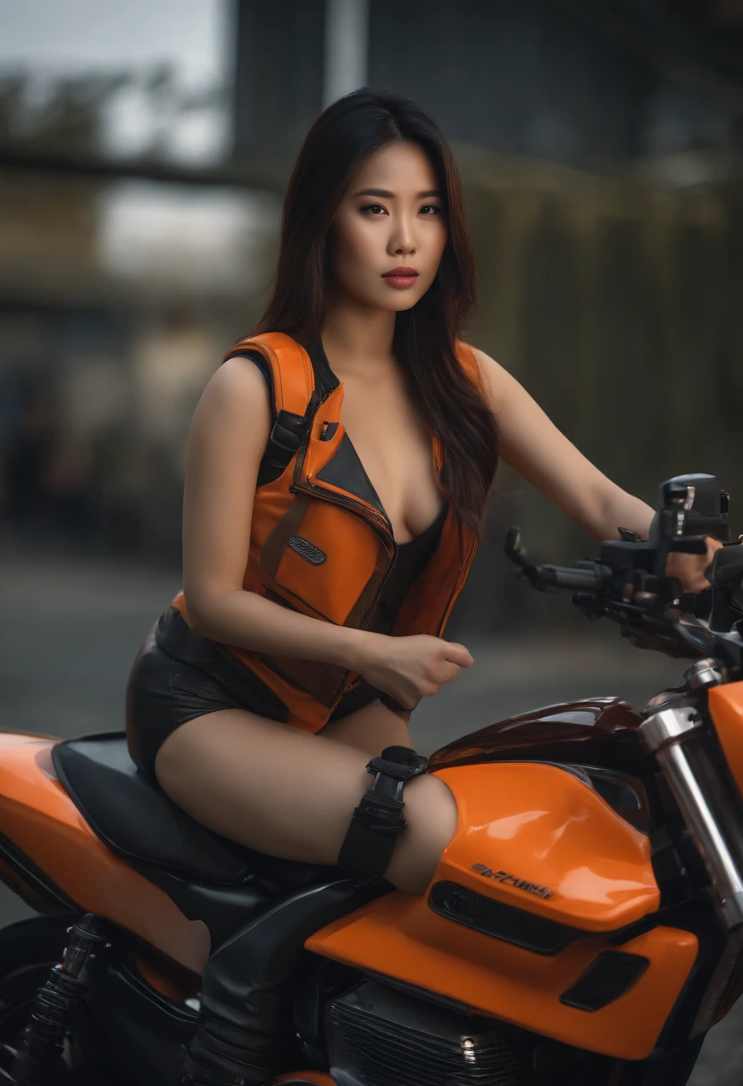 Asian beautiful sexy girl full naked, Just dressing Orange padded winter vest , on her knee repairing rocket sci-fi motorbike , masterpiece , 8k , RAW , ultra realistic , very detailed, Perfect body, Perfect beauty