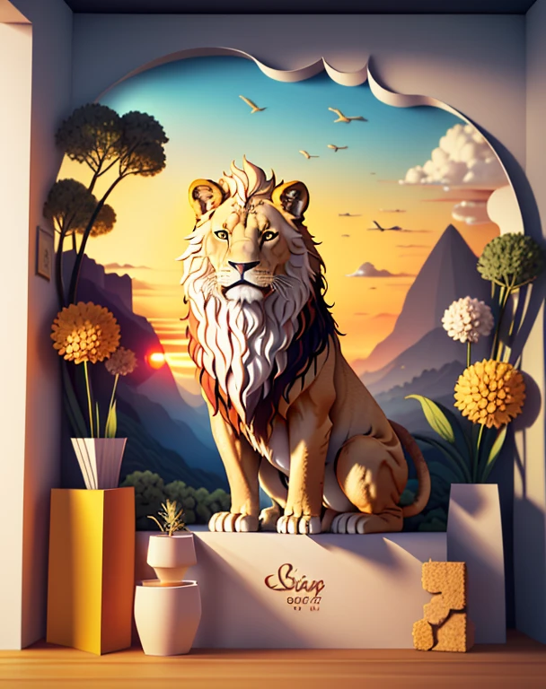 Lion, Luz suave, (cor quente:1.2), pintura em aquarela, fundo claro, best quality, Detalhes requintados, 3D rendering, octan render, bolo, Sunset, Rio, tempestade, Ultra alta qualidade, (papel_cortar:1.15) (:Natureza:) (hopeful feeling)