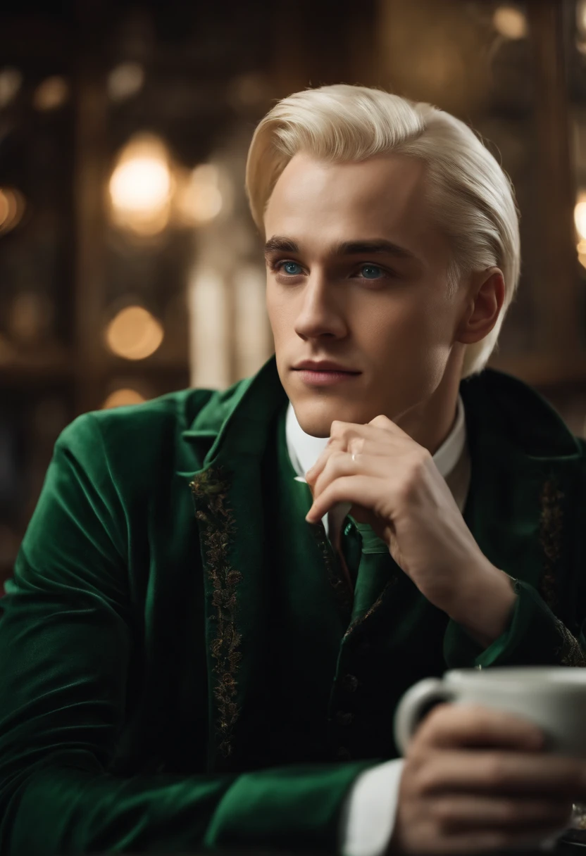A photo of Draco Malfoy sitting in a high-end wizarding cafe, sipping a meticulously brewed cup of exotic magical tea.,Harry Potter series,Draco is tall with neat platinum blonde hair, icy blue eyes, wears Slytherin Hogwarts robes, famously portrayed by Tom Felton, male