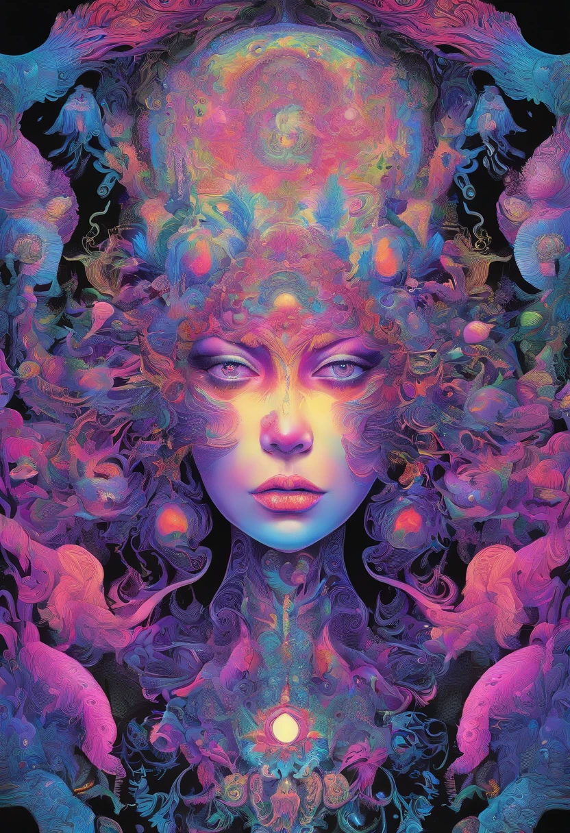Black light art，Biochemical mech，Thick limbs，high saturated，hight contrast，vivd colour，mysterious hallucination，ultradetailed，ultraclear，hyper-detailing，tmasterpiece，