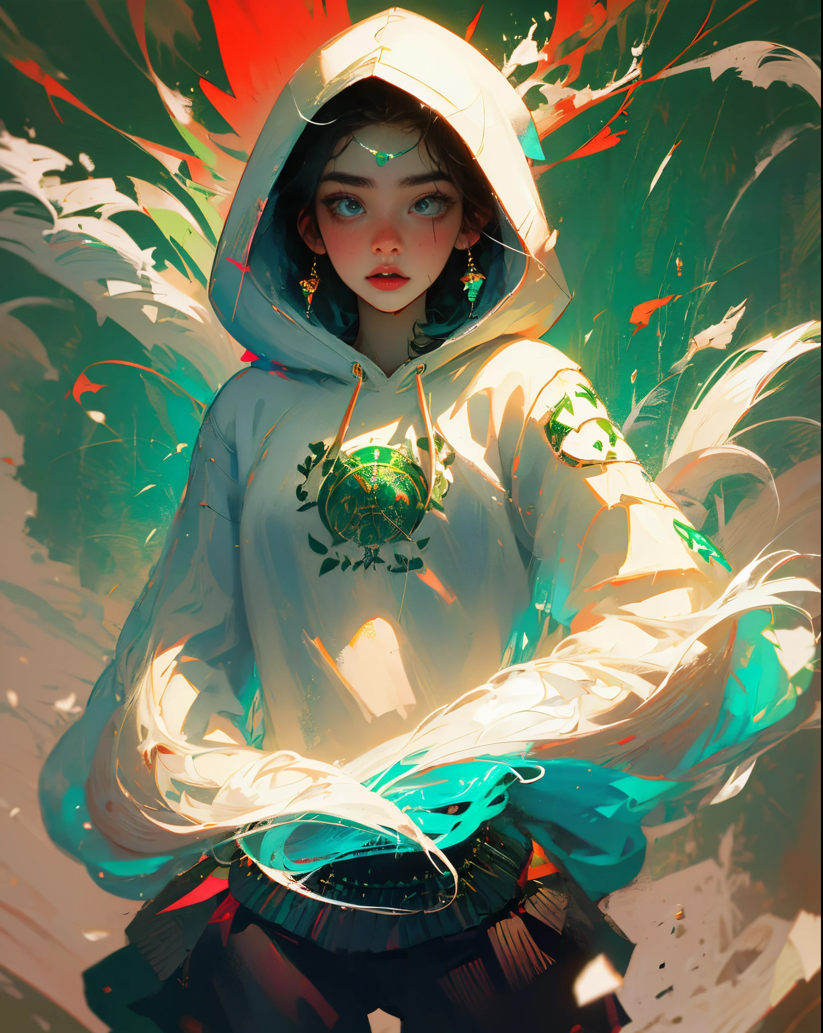 a girl in white hoody and pakistan flag pattern on her hoody blood rain on her highly stylized hdr 4k high Definition image, pakistNi girl --auto --s2