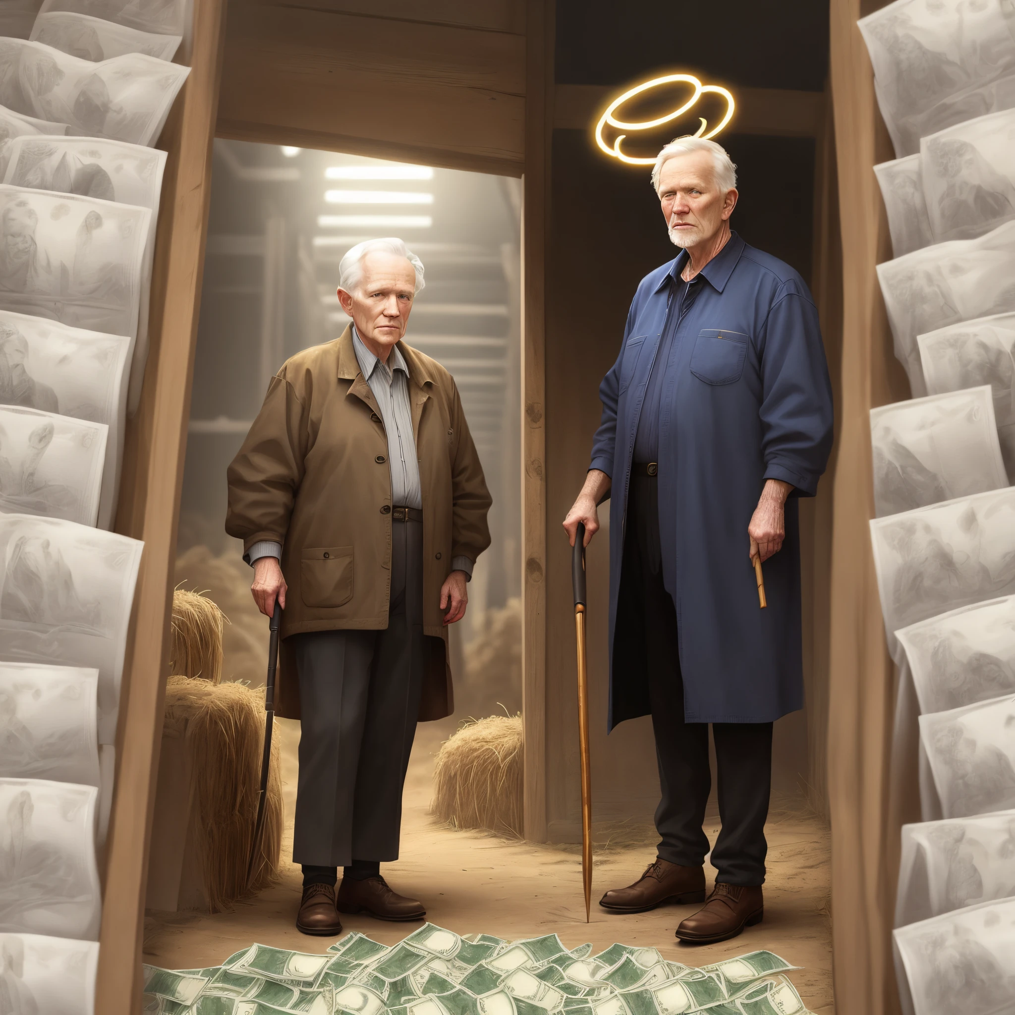 old white man; farmer clothes holding pitchfork; stacks of money at feet; halo and cross