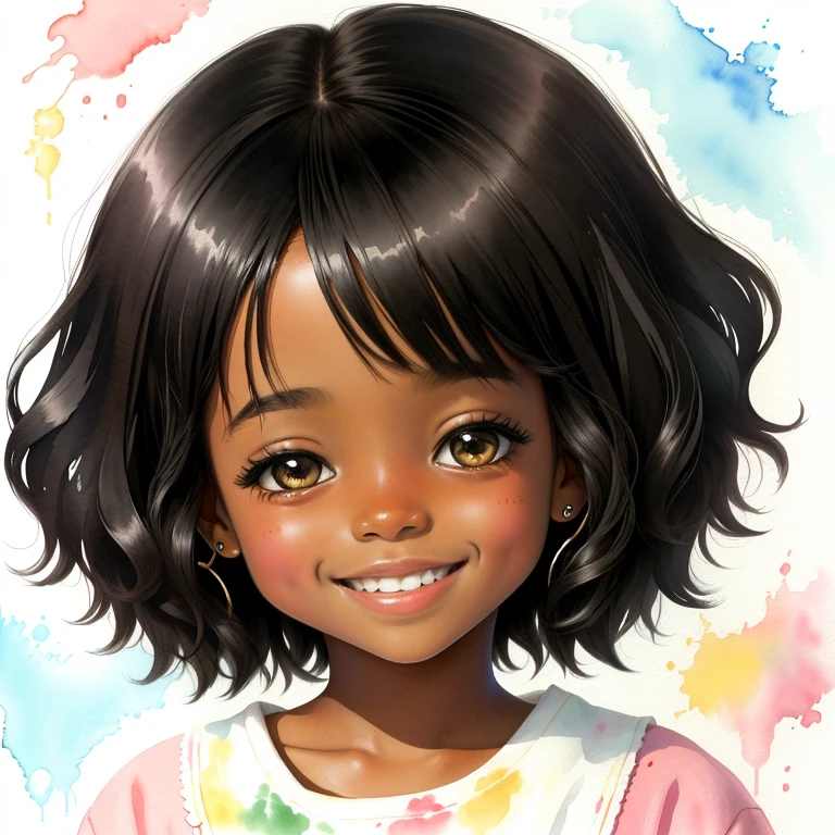 Cute 5-year-old black girl, happy watercolor