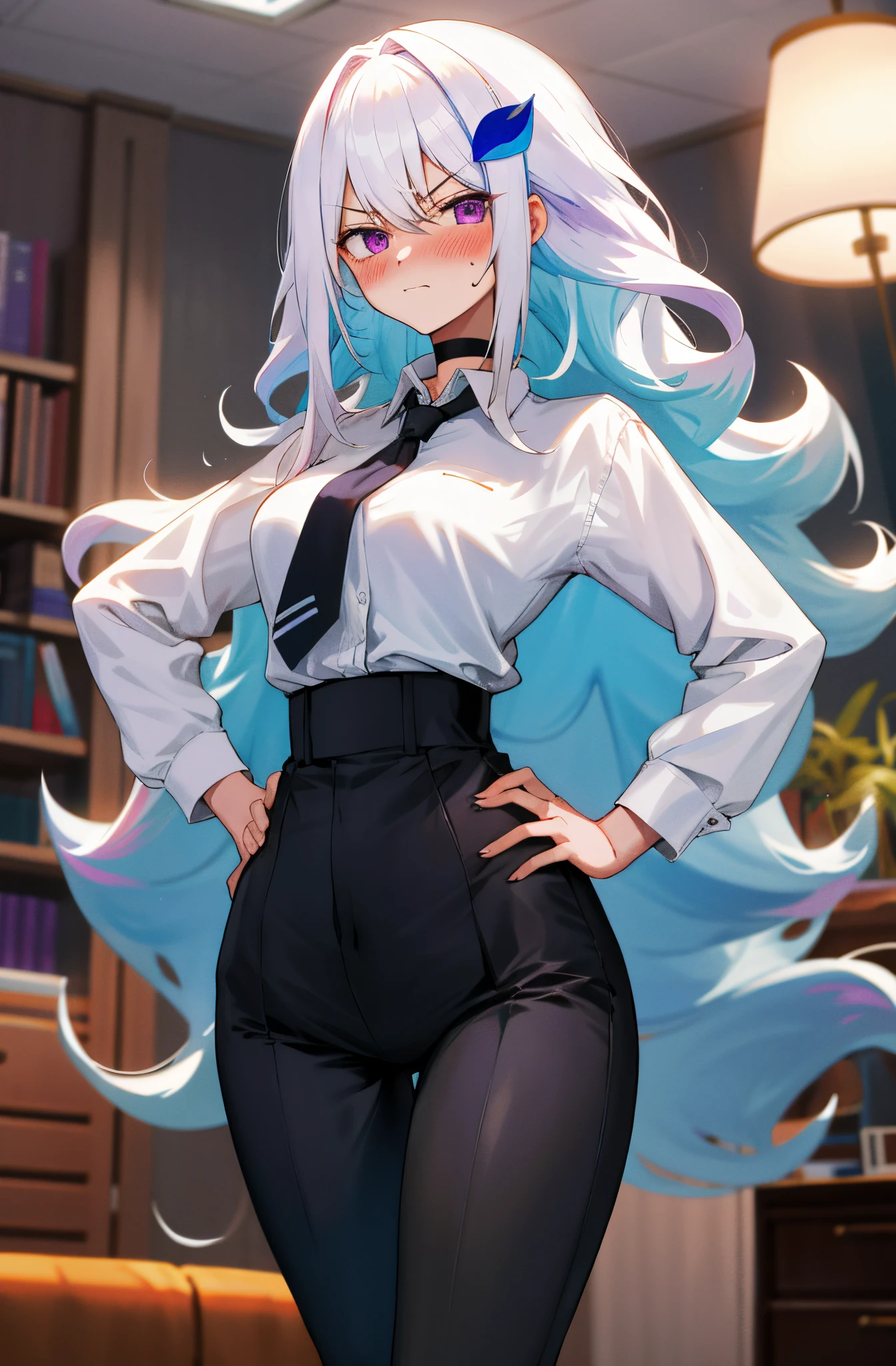 One girl with long wavy hair, white hair, blue inner hair, purple eyes, looking at viewer, embarrassed, blushing, angry, indoor, living room, suit, white shirts, black necktie, tight black pants, tight, hips, office lady, thigh, slim, dizzy, choker, mid-chest, wide hips, perfect waist, spread legs, night atmosphere, hair ornament, standing, hands on hip, (embarrassed:1.0)