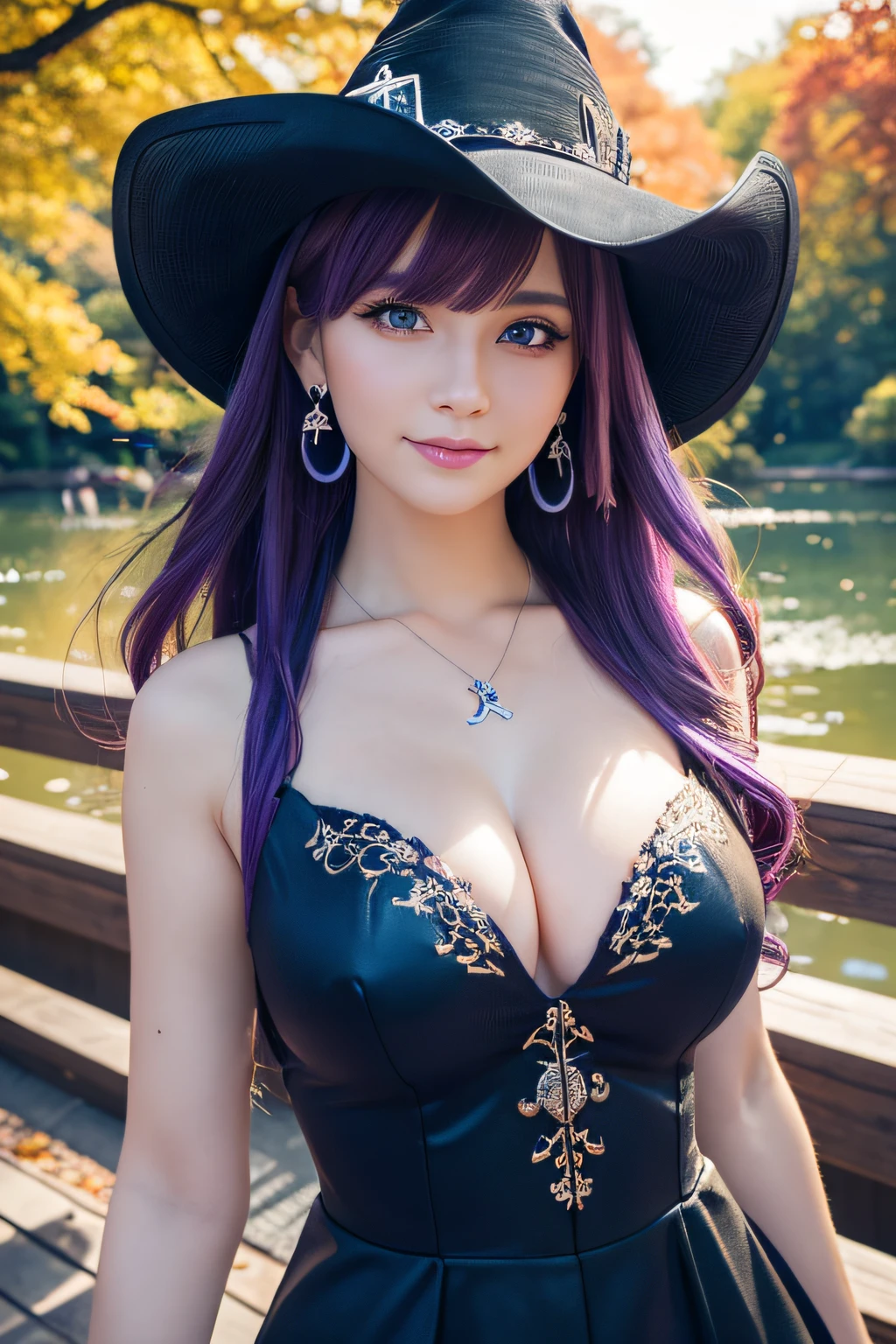 ((masutepiece)), ((Best Quality)), (Ultra-detailed), Illustration, ((kawaii)), Cute, (lovely), ((Sexy)), (Ero), ((Extremely detailed)), 4K, (8K), Best Quality, (Beautiful), Dynamic Angle, (Cowboy Shot:1.3), Pretty women, Solo, Witch, Beautiful purple hair, Beautiful blue eyes, ((Beautiful eyes)), Fox ears, Hair ornaments, earrings, Necklace, Smile, New York, central park, evening, Autumn, Lens Flare, shiny