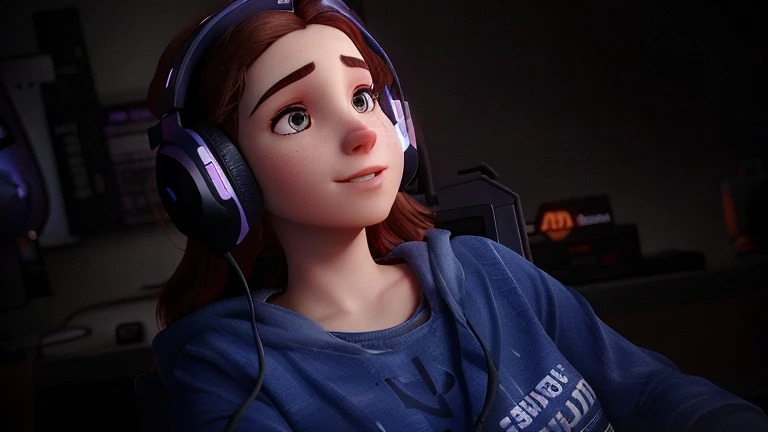 arafed woman wearing headphones sitting in a dark room, twitch streamer / gamer ludwig, twitch streamer, with headphones, wearing gaming headset, profile picture 1024px, wearing a gaming headset, with head phones, amouranth, aloy, headphones on, better known as amouranth, hard lighting!, halfbody headshot, alexa grace, gaming