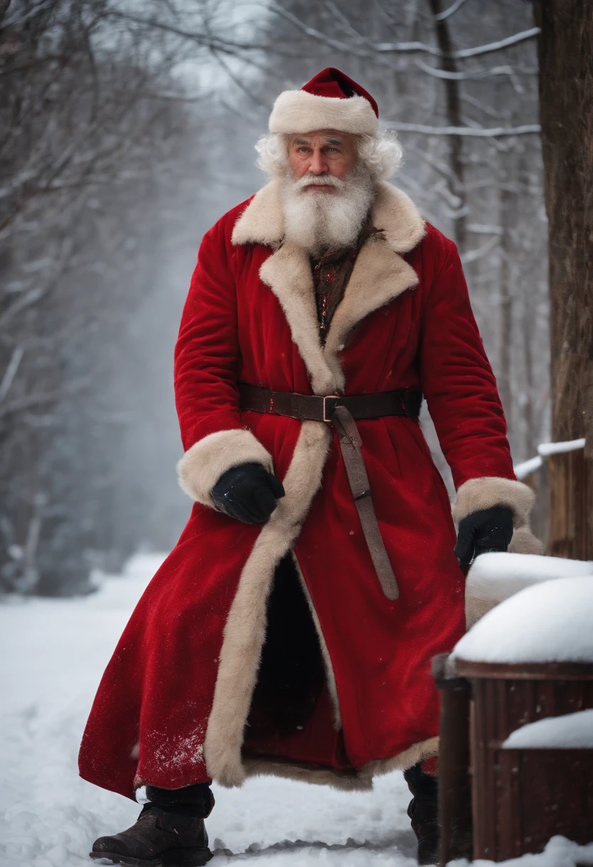 A photo of Bad Santa walking through the snow-covered streets of a small town,original,His iconic red suit, now disheveled and stained, reflects a life marred by neglect and vice. The once neatly-groomed white beard is unkempt, and his eyes, historically a source of merry twinkle, are bloodshot and weary. The robust and cheerful figure we know is replaced by a more haggard and careworn man, who carries the weight of his struggles visibly., male