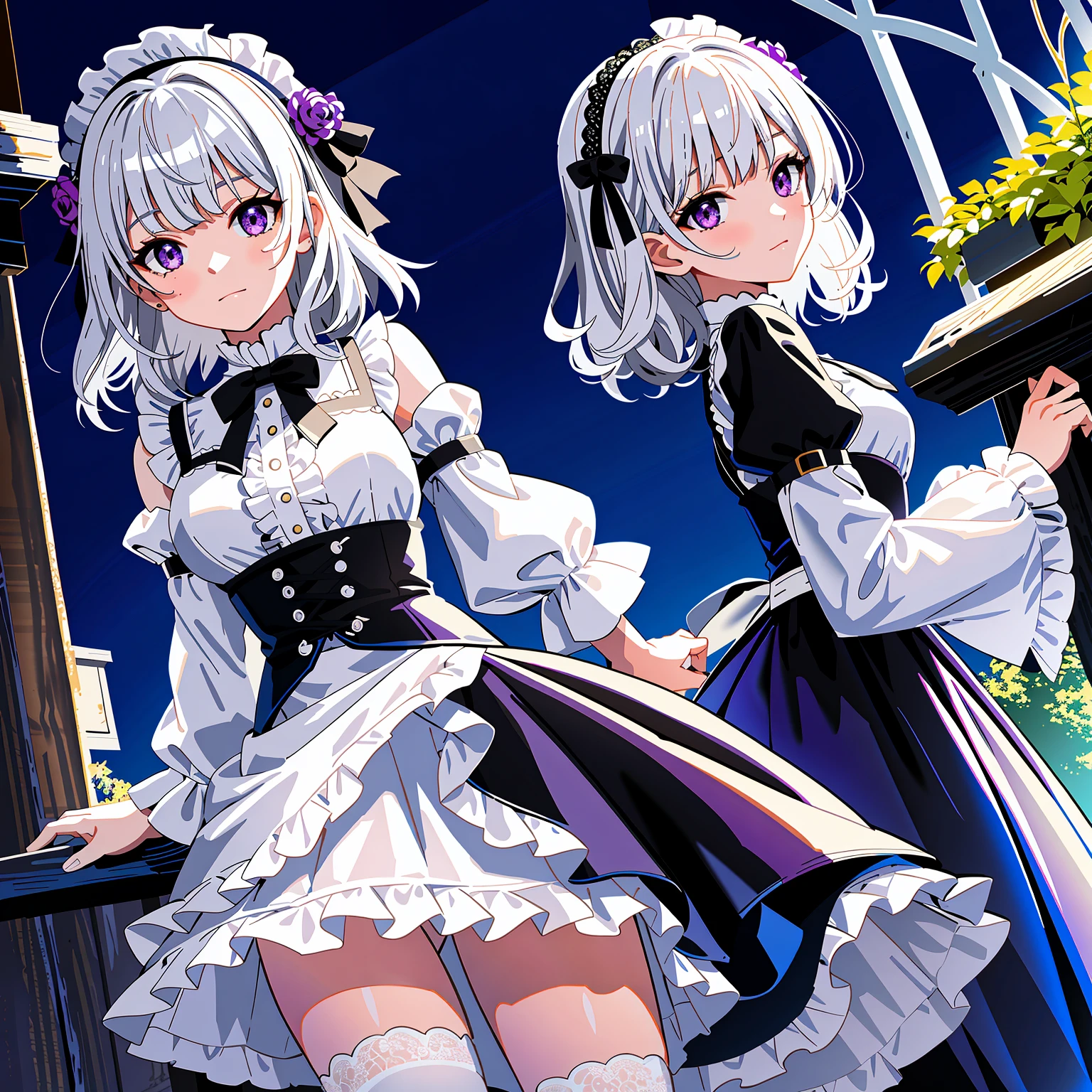 (masterpiece), best quality, high resolution, extremely detailed, detailed background, cinematic lighting, outdoor, 1girl, medium hair, silver hair, crossed bangs, purple eyes, medium breasts, white shirt, black dress, drastic hair ornaments, skirt, frills, lace rims, frilled sleeves, frilled skirt, thighhigh, ankle boots, looking at viewer,