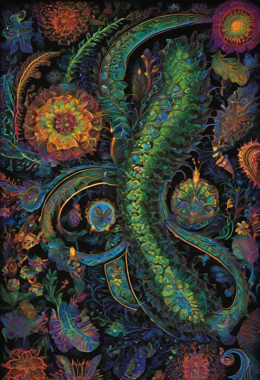 Black light art,Biochemical mech,Strong limbs,high saturated,hight contrast,vibrant with colors,mysterious hallucination,ultra - detailed,ultraclear,hyper-detailing,tmasterpiece,