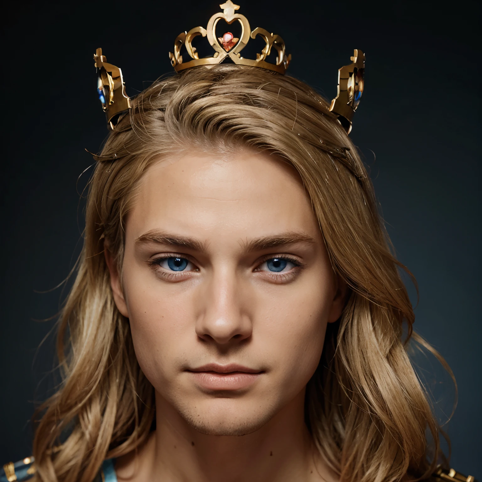 Dirty Blonde hair blue eyes male with a crown animated comically