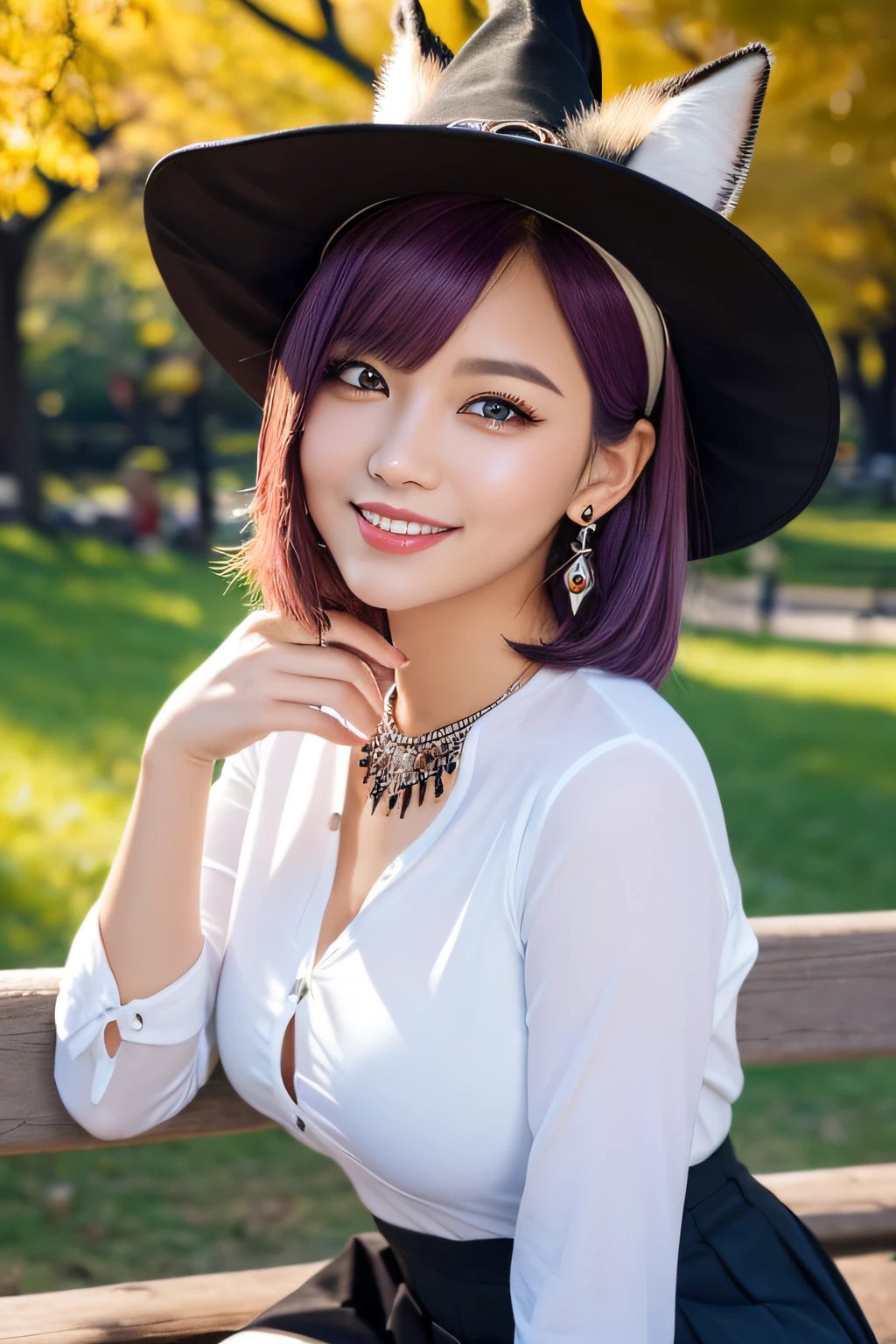 ((masutepiece)), ((Best Quality)), (Ultra-detailed), Illustration, ((Extremely detailed)), (Detailed eye), (detailed facial features), (Detailed fingers), (detailed clothes features), ((kawaii)), Cute, (lovely), ((Sexy)), (Ero), ((Extremely detailed)), (8K), (Beautiful), (Cowboy Shot:1.3), Dynamic Angle, Pretty women, Solo, (Witch), (a miniskirt:1.1), (stockings:1.2), Beautiful purple hair, Beautiful blue eyes, ((Beautiful eyes)), a short bob, Fox ears, White teeth, (Hair ornaments), earrings, Necklace, Smile, New York, central park, evening, Autumn, shiny