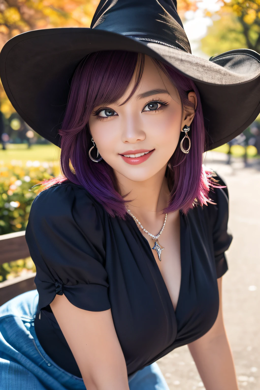 ((masutepiece)), ((Best Quality)), (Ultra-detailed), Illustration, ((Extremely detailed)), (Detailed eye), (detailed facial features), (Detailed fingers), (detailed clothes features), ((kawaii)), Cute, (lovely), ((Sexy)), (Ero), ((Extremely detailed)), (8K), (Beautiful), (Cowboy Shot:1.3), Dynamic Angle, Pretty women, Solo, (Witch), (a miniskirt:1.1), (stockings:1.2), Beautiful purple hair, Beautiful blue eyes, ((Beautiful eyes)), a short bob, Fox ears, White teeth, (Hair ornaments), earrings, Necklace, Smile, New York, central park, evening, Autumn, shiny