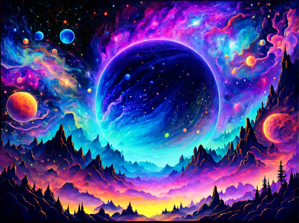 (black light art style:1.3), galaxy teeming with vibrant celestial bodies and cosmic wonders, mesmerizing art piece that captures the awe-inspiring beauty of this cosmic realm, fluorescent paint to bring to life glowing planets, swirling nebulae, distant stars, vibrant and ethereal galaxy that glows under black light, a sense of depth and mystery, (absurdes:1.5)
