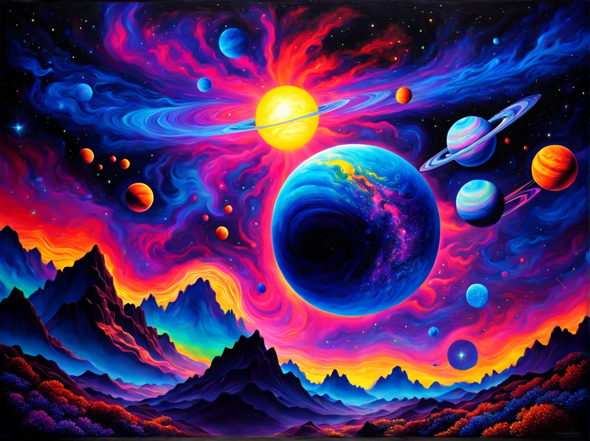 (black light art style:1.3), galaxy teeming with vibrant celestial bodies and cosmic wonders, mesmerizing art piece that captures the awe-inspiring beauty of this cosmic realm, fluorescent paint to bring to life glowing planets, swirling nebulae, distant stars, vibrant and ethereal galaxy that glows under black light, a sense of depth and mystery