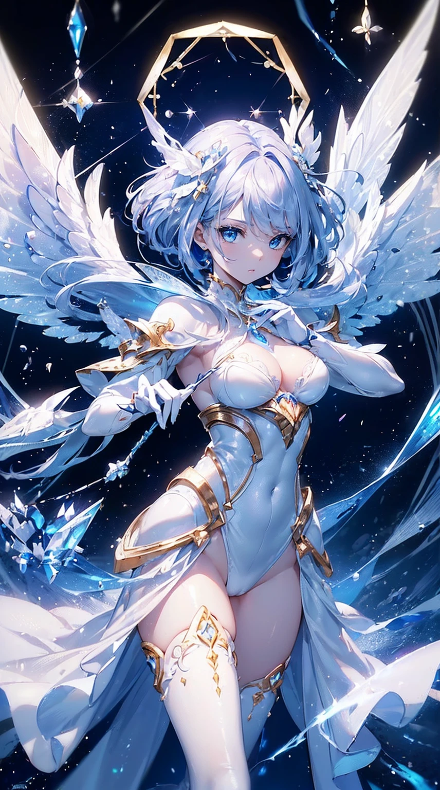 (((masterpiece))), (((highest quality))), ((ultra-detailed)), ((super fine illustration)), ((ultra-fine painting)), (upper body:1.2), Highly detailed and delicate illustration style, detailed skin texture, detailed metal texture, detailed cloth texture, extreme detailed description, (T-masterpiece), (highly detailed face), original, raw photo, professional, Intricate details, super details, intricate ornament details, perfect anatomy, (sexy), (sexy), real, ((Solo)), ((A very beautiful and intelligent mechanized angel girl who is the head court mage)) BRAKE Beautifully shaped small breasts, Beautifully shaped small buttocks, (Beautiful, shiny silver hair that shines and is very detailed and delicate:1.2), (Beautiful, clear, shining blue eyes that are extremely detailed and delicate:1.4), ((looking at me)), (beautiful hands and fingertips) BRAKE ((sophisticated mechanism:1.6))Smooth and menacing design, ((Highly detailed and delicate large pearl white Sleek symmetrical mechanical wings:1.4)), ((A highly detailed and sophisticated mechanical wand in sapphire blue exclusively for the head court mage:1.3)), ((A highly detailed and delicate ice and thunder magic divine mechanical armor dress that shines in sapphire blue and pearl white exclusively for the head court mage:1.3)) BRAKE concept-art, Detailed science magic fantasy art, (Battle Pose), ((Highly detailed and cool Attack Magic Casting Pose)), (Always draw a very detailed and delicate magic circle with a wand) BRAKE (Highly detailed and delicate starry sky), (Highly detailed and delicate Crystal of snow and lightning background), other world, No robot, (8K highest quality wallpaper:1.2),( Highly detailed and delicate background:1.2) BRAKE (NSFW) BREAK (cute background, Geometric patterns, vivid color background:1.5), (colorful confetti:1.15) BREAK