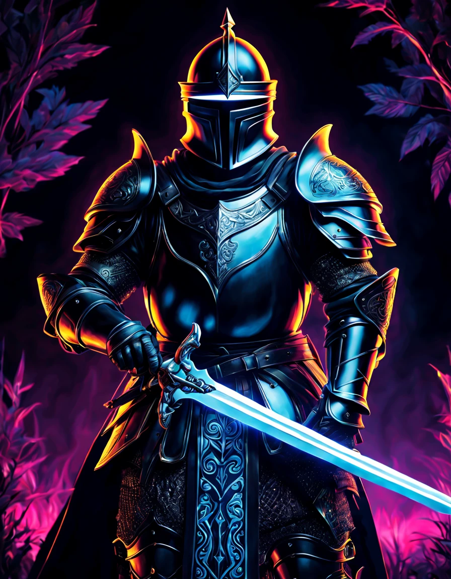 holy knight in full armor and helmet (holding a long sword), (((black light poster art))), black nature background