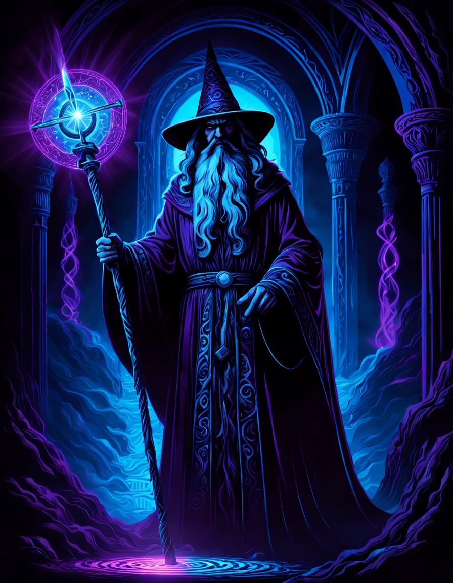 sinister dark wizard in robes (holding a magical staff), (((black light poster art))), mystical portal background