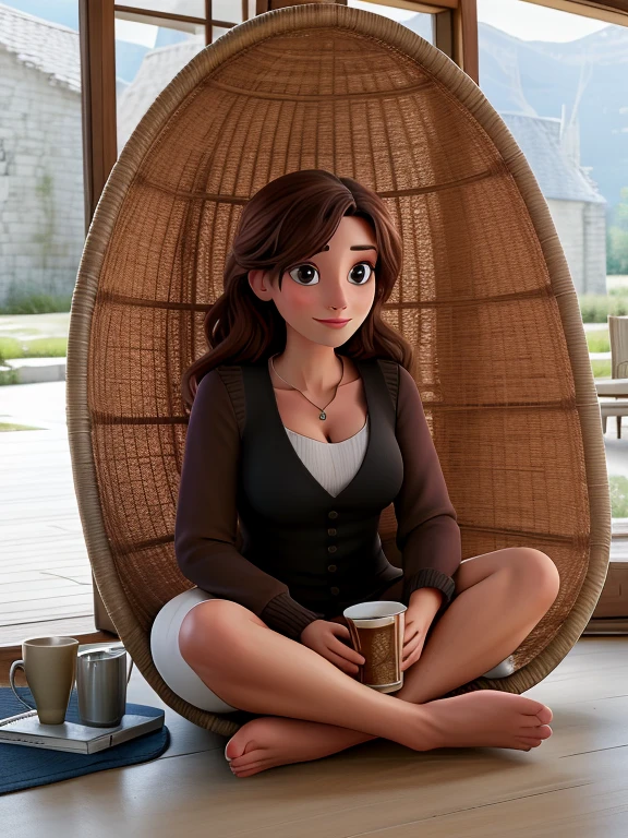 Woman sits on a chaise in an osier with a cup of coffee, assis sur une chaise, assis dans un salon, in a basic armchair, assis dans une chaise chic, assis sur une chaise, Sitting in a rocking chair, assis sur une chaise, assis sur un cryopode, assis sur une chaise, assis dans un fauteuil, sitting in a castle, relaxing after a hard day