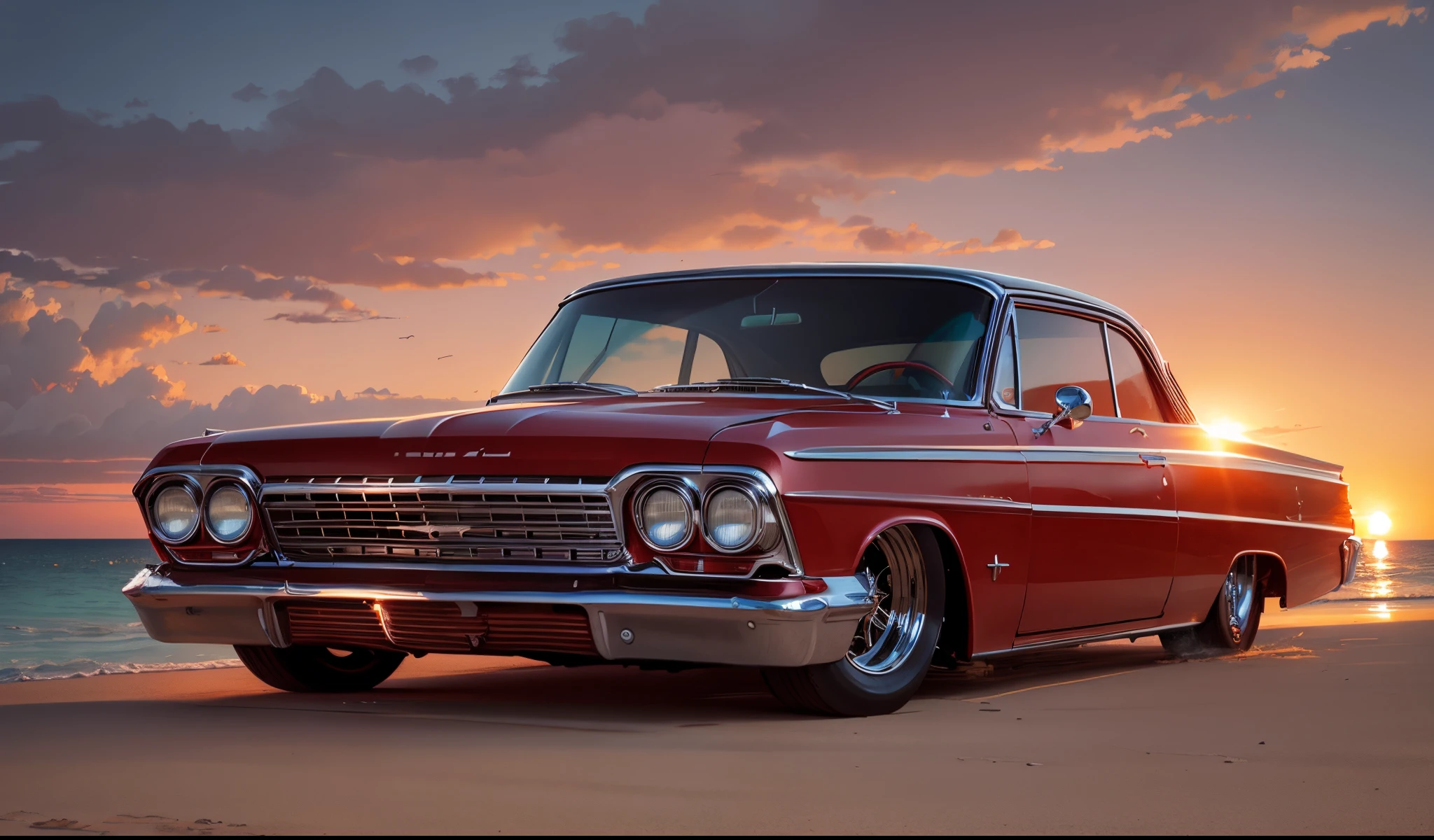 62 Chevy Red Car with Beach and Boats and Yachts at Sunset by Syd Mead