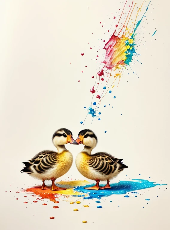colored pencil drawing of two ducklings playing together with paint splashed on them and drops of paint falling --air 4:5 --s 500