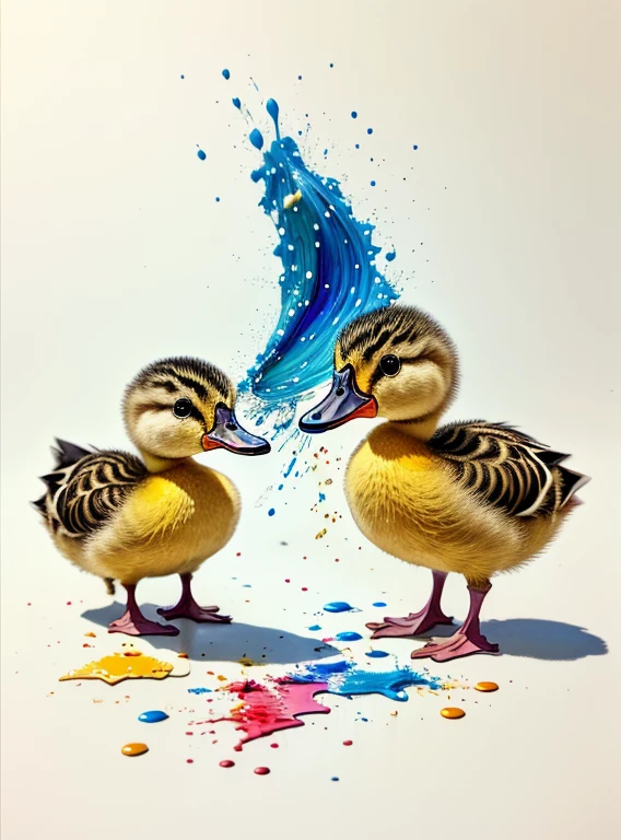colored pencil drawing of two ducklings playing together with paint splashed on them and drops of paint falling --air 4:5 --s 500