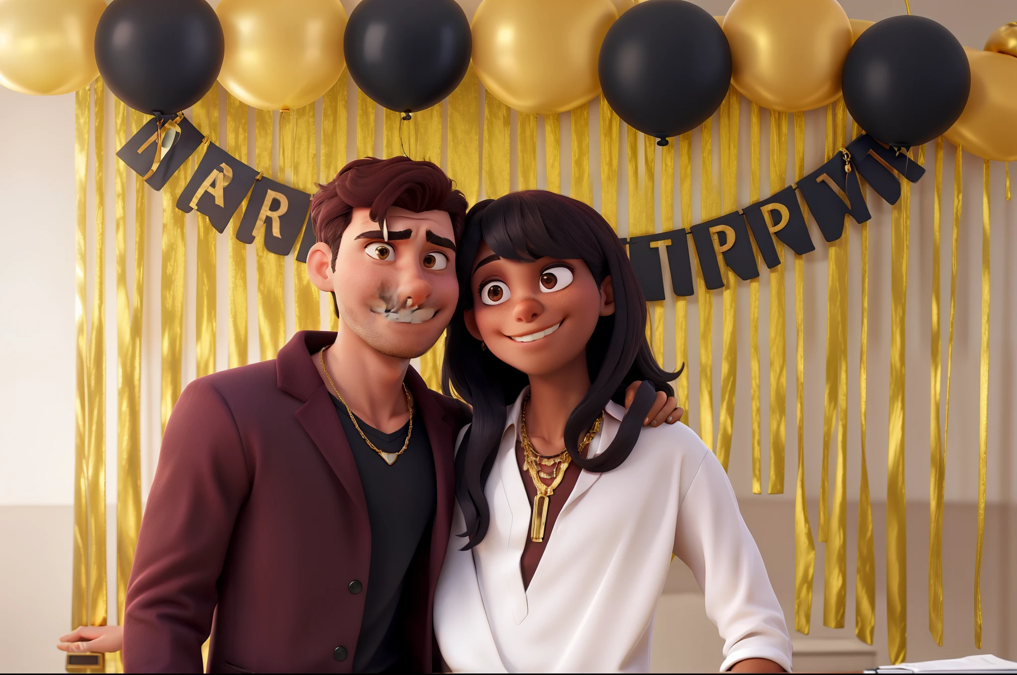 The guy is wearing a maroon tuxedo with a black tshirt inside with gold necklace, and for the girl, she is wearing a blazer and a black sleeveless inside