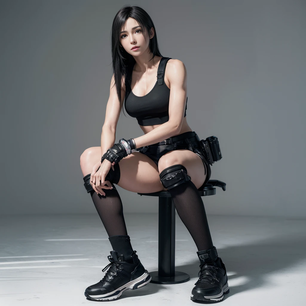 (best quality,ultra-detalhado),(Realistic:1.37),Tifa Lockhart, Rosto bonito e detalhado, expression serious, olhar bravo, textura ultra realista, rosto delicado, corpo delicado, Fit physique