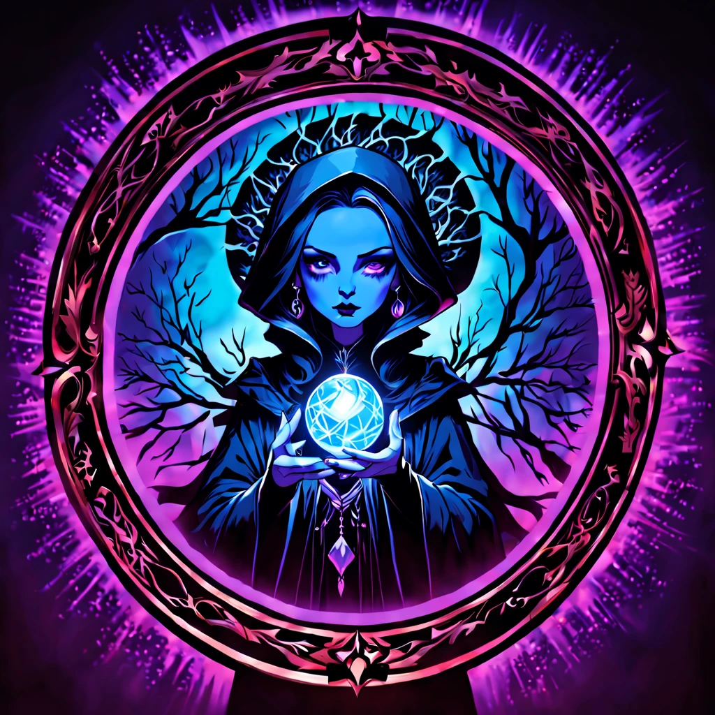 (view behind round elegant frame of branches with leaves), (close up) of a sinister vampire queen in robes (holding a magical orb), ((((black light poster art)))), mystical portal background, bats, vivid colors, magical flames