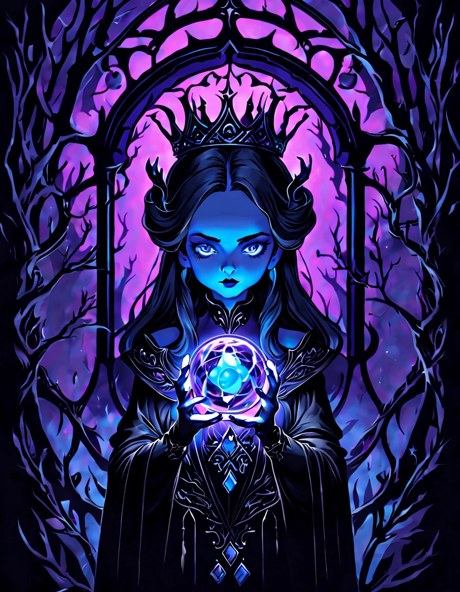 (view behind the elegant frame of branches with leaves), (close up) of a sinister vampire queen in noble attire (holding a magical orb), crown, ((((black light poster art)))), mystical portal background, bats, vivid colors, (magical flames)